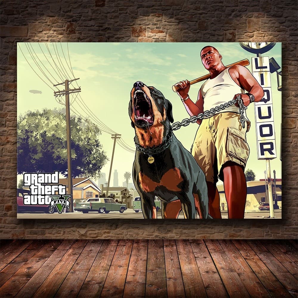 Quadro decorativo GTA V com homem e cão, 40x60 cm, para sala, quarto, hall.