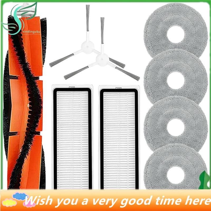 Conjunto de acessórios para robô aspirador de pó, incluindo escovas laterais, filtros HEPA, e panos de limpeza.