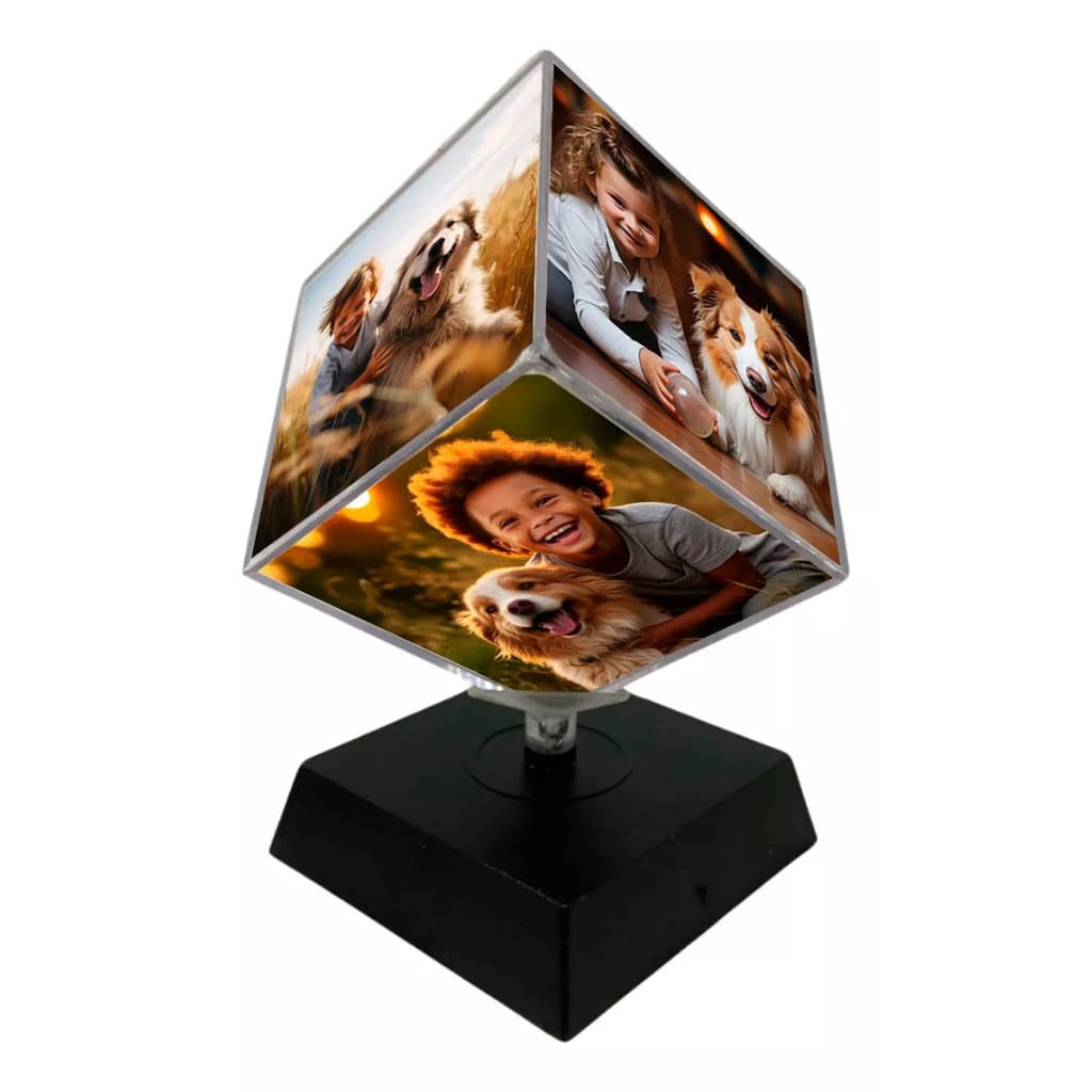 Cubo acrílico transparente com fotos de família e cães giratório