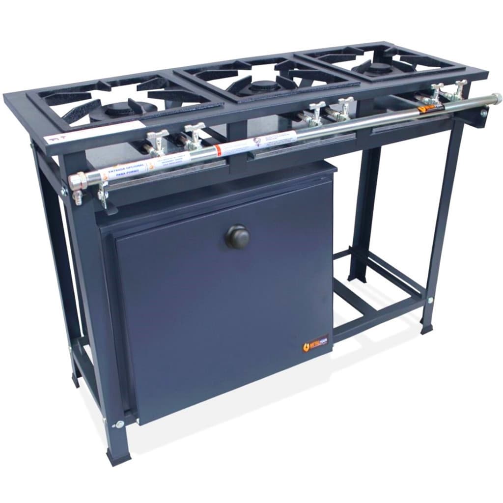 Fogão industrial 3 bocas com forno 57L, cor preta, com logo amarelo