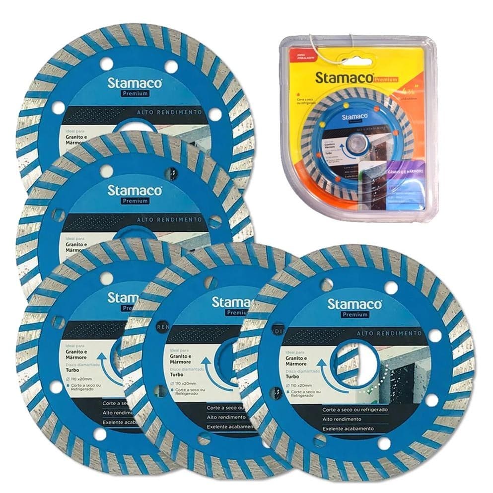 Kit 5 Discos Diamantados Stamaco Premium para Corte de Mármore e Granito 4” 110x20mm