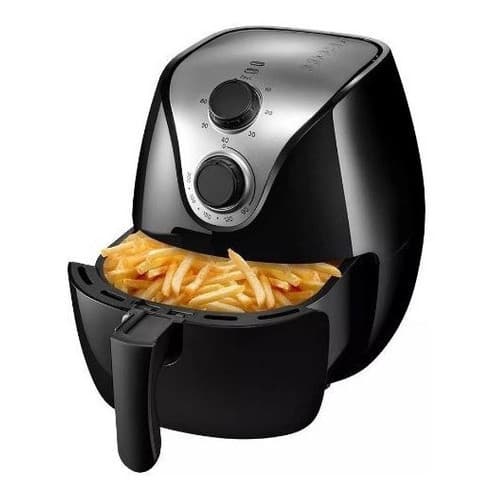 Fritadeira elétrica preta e prata com batatas fritas cozidas