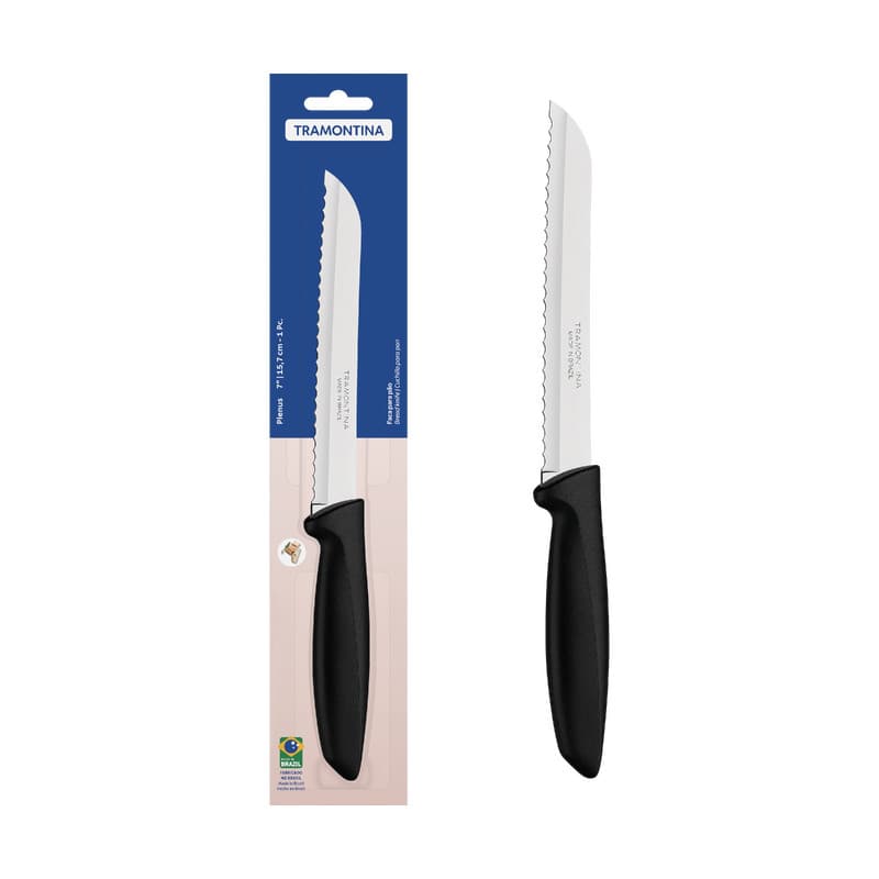 Faca de pão Tramontina Inox Plenus 7 com cabo preto e lâmina serrilhada