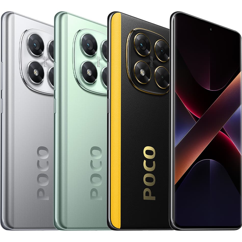 Xiaomi Poco X7 5G em quatro cores: prata, verde, amarelo e preto com câmera traseira de quatro lentes e texto 'POCO'.