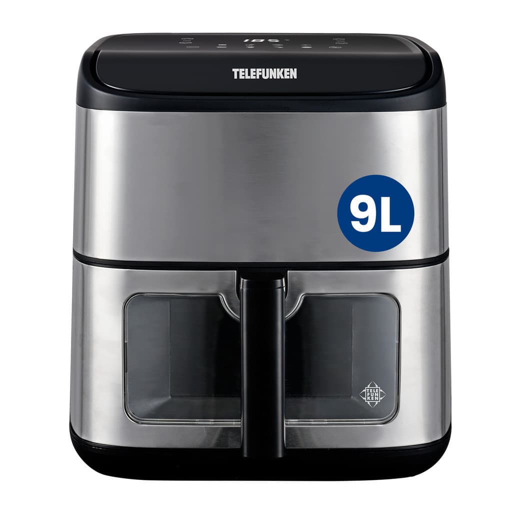 Fritadeira Air fryer Digital 9 Litros Telefunken EasyFryer 9000 prateada e preta com janelas transparentes.