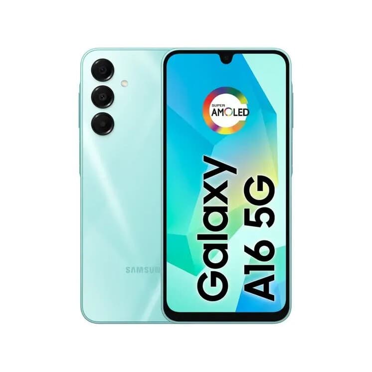 Smartphone Samsung Galaxy A16 5G verde claro com tela AMOLED 6.7 polegadas e câmera tripla 50MP