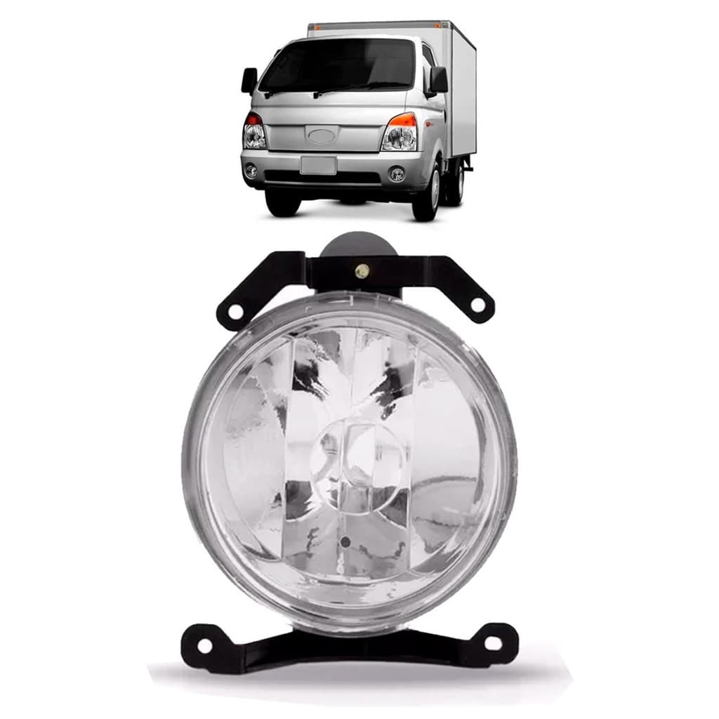 Farol auxiliar de milha para veículos, lente transparente e estrutura metálica preta.