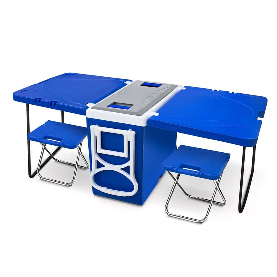 Caixa térmica multifuncional azul e branca com mesa e cadeiras dobráveis