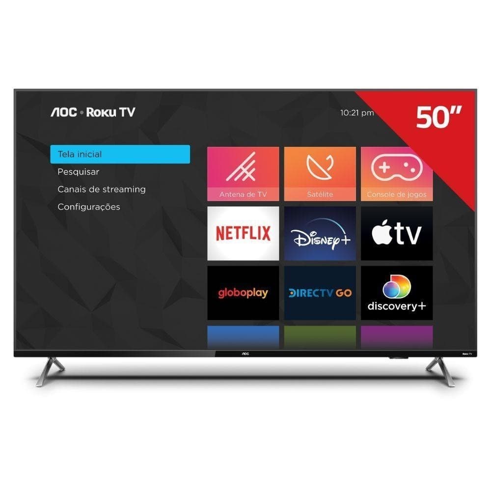 Smart TV AOC 50U7045/78G 4K UHD Roku TV com ícones de aplicativos