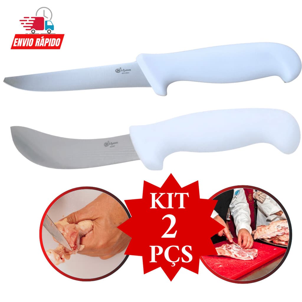Kit de facas de açougue com cabos brancos e lâminas cinzentas, ideal para corte de carne.