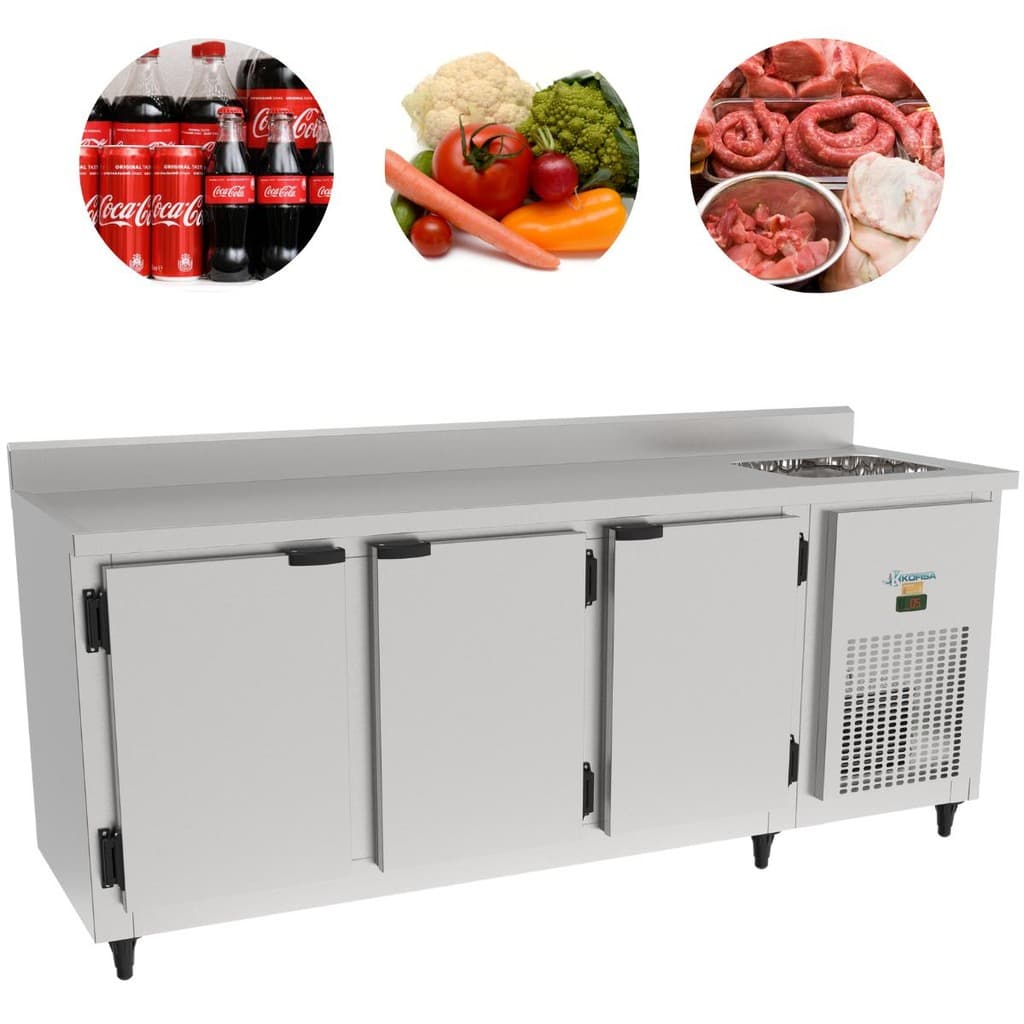 Balcão de serviço com pia em aço inoxidável Kofisa, 3 portas, 2,00m, refrigerador
