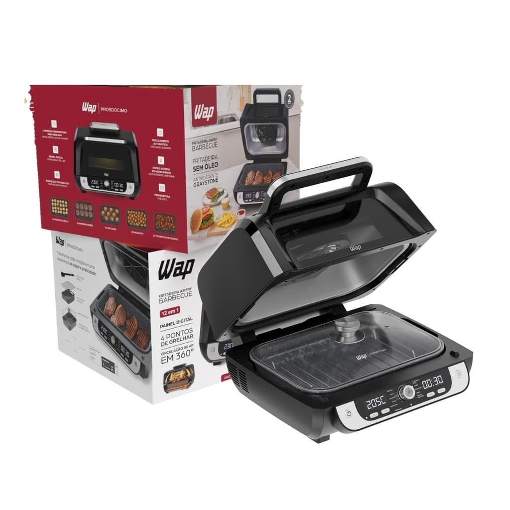 Fritadeira Air Fryer Digital Eletrica 12 em 1 Barbecue Wap Prosdócimo com caixa aberta