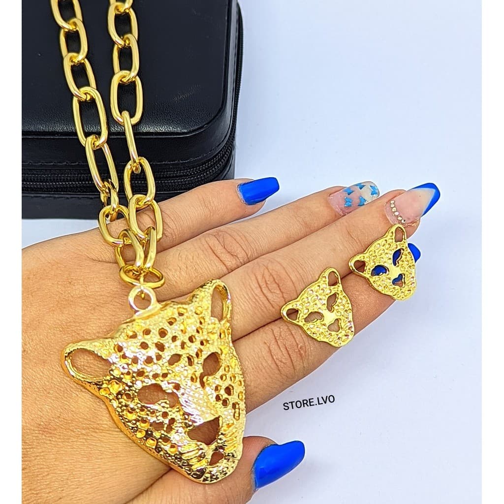 Kit Conjunto Colar e Brincos Corrente Elo Grosso com Pingente Onça Tingre Grande Conjunto Par de Brinco Folheado Ouro