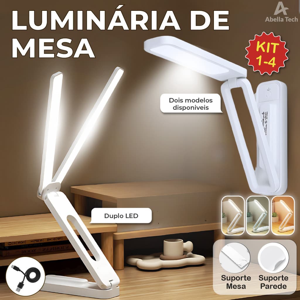 Luminária de mesa dobrável LED com 3 tons de luz, suporte articulado, USB, bivolt, dois modelos.