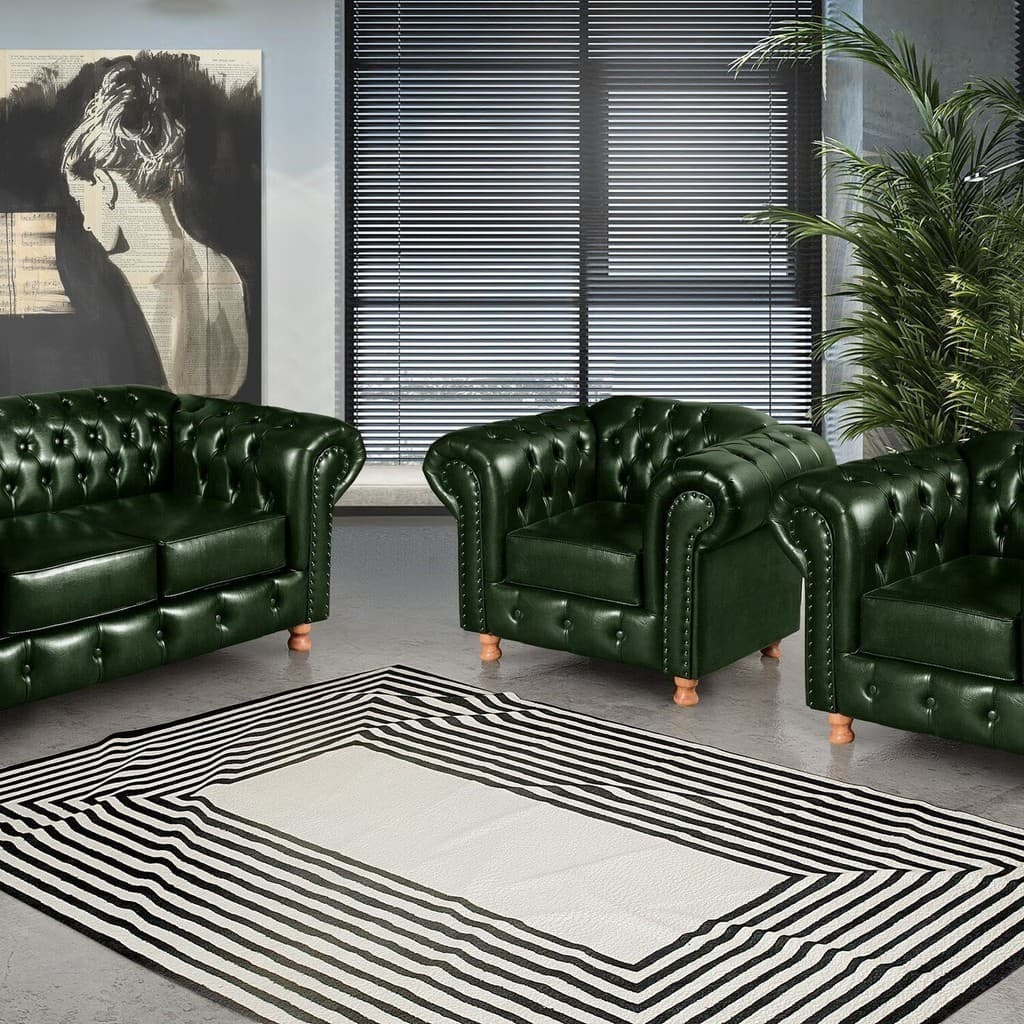 Conjunto de Sofá Luís Xv Lugares + 2 Poltronas Chesterfield Capitonê Verde Verde