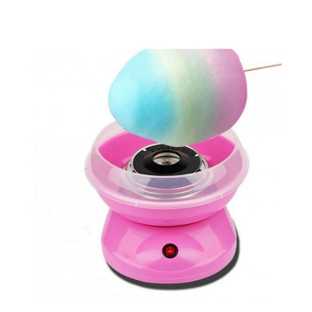 Máquina de algodão doce portátil rosa e transparente produzindo algodão doce colorido