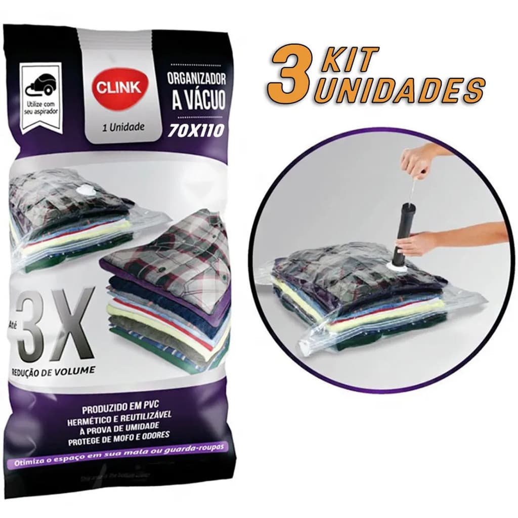 Kit 3 Sacos Organizador a Vácuo Grande Para Guardar Edredom Jogo de Lençol Roupas 70x110cm - Clink