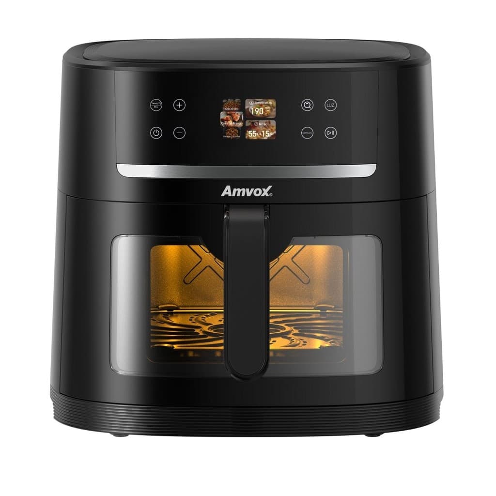 Fritadeira de ar preta Amvox 8L com display digital e porta de vidro transparente