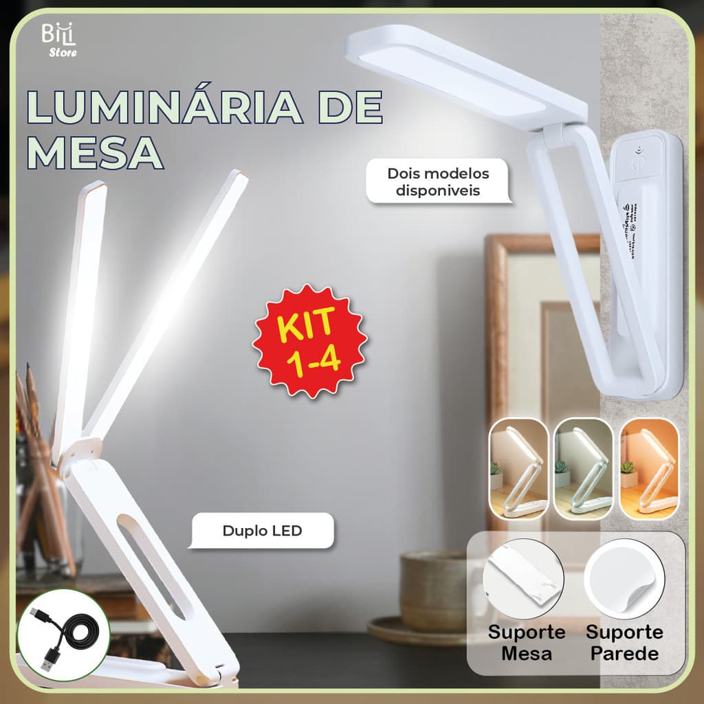 Luminária de mesa LED dobrável com três tons de luz, suporte articulado, USB e bivolt, dois modelos disponíveis