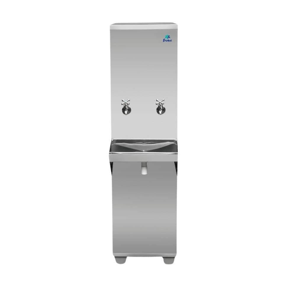 Bebedouro industrial de coluna Frisbel, 25 litros, 1 torneira gelada e 1 natural, aço inoxidável, 110V