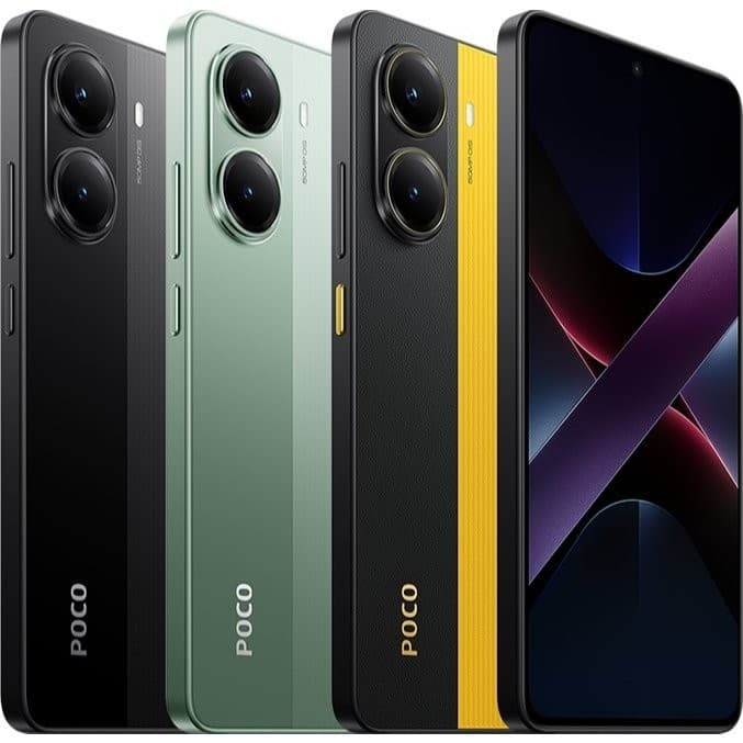 Xiaomi Poco X7 Pro em quatro cores: preto, cinza, verde e amarelo, mostrando a câmera traseira e a tela.