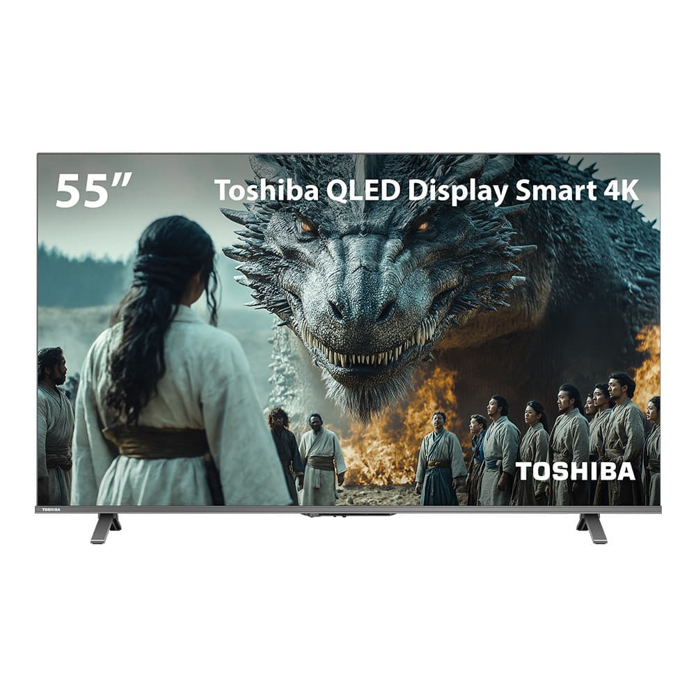 Smart TV QLED 55 polegadas Toshiba 4K com dragão em chamas no display