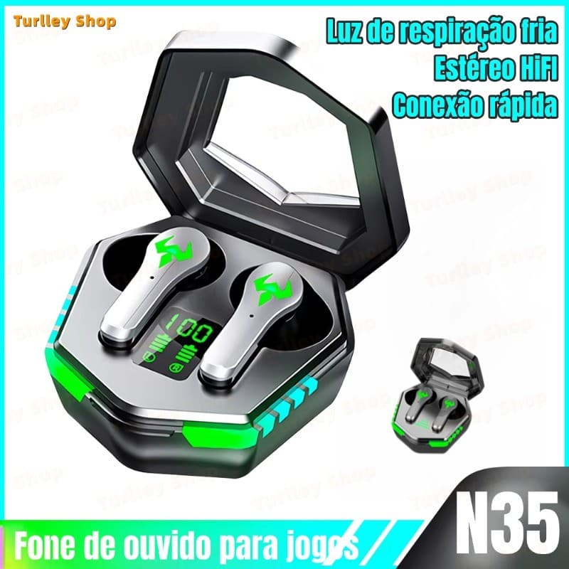 Fone de ouvido para jogos N35 Bluetooth sem fio com microfone, estojo aberto, design preto e verde neon