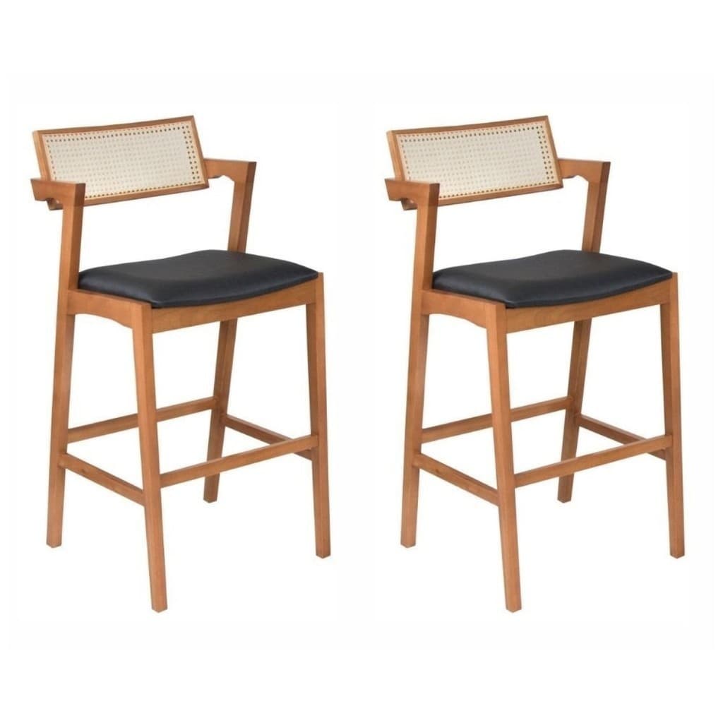 Kit 2 Banquetas Madeira Maciça, Estofada e Rattan de Fibra 100% Natural Nápoles Espresso Móveis