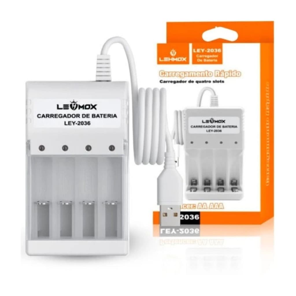Carregador Com Luz Indicadora De Carga De Pilhas E Baterias Recarregaveis  AA / AAA USB com 4 Slots Para Baterias