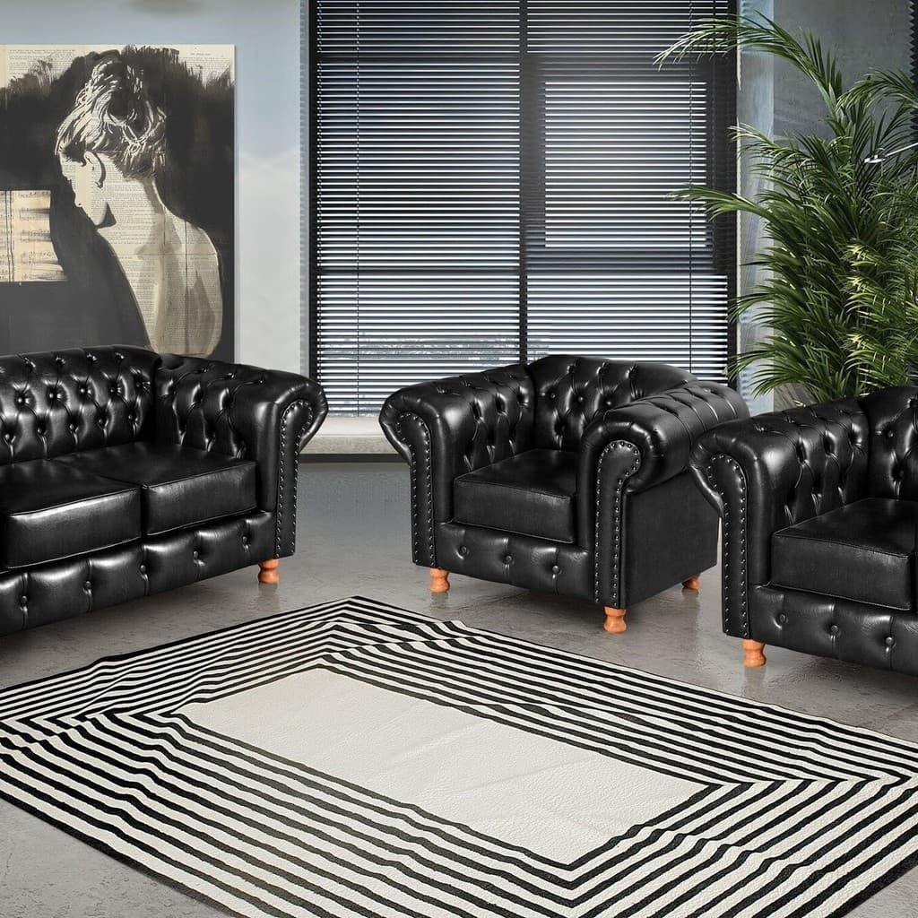 Conjunto de Sofá Luís Xv Lugares + 2 Poltronas Chesterfield Capitonê Preto Preto