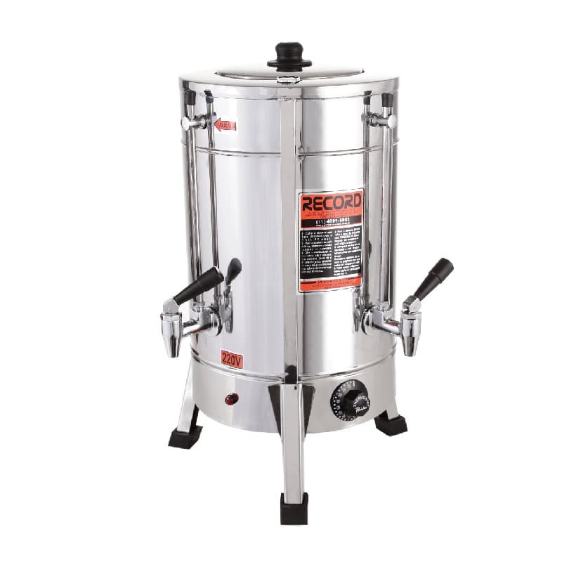 Cafeteira Elétrica Comercial Industrial 2 Litros Aço Inox Record, tampa preta, bicos de aço, fundo branco