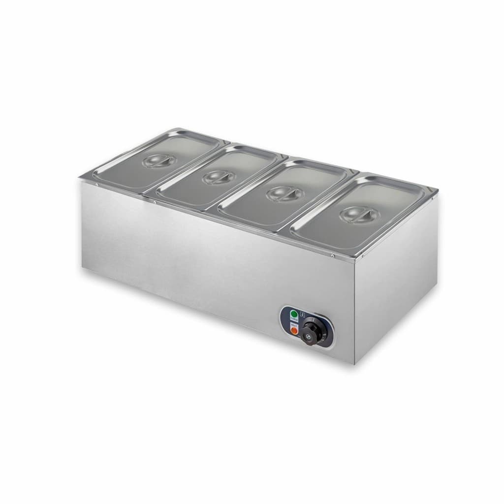 Rechaud retangular em aço inox com quatro compartimentos de 1/3, fundo branco, controle de temperatura à direita.
