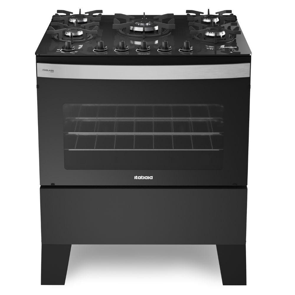 Fogão a gás Itatiaia 5 bocas com mesa de vidro e forno, modelo automático, preto