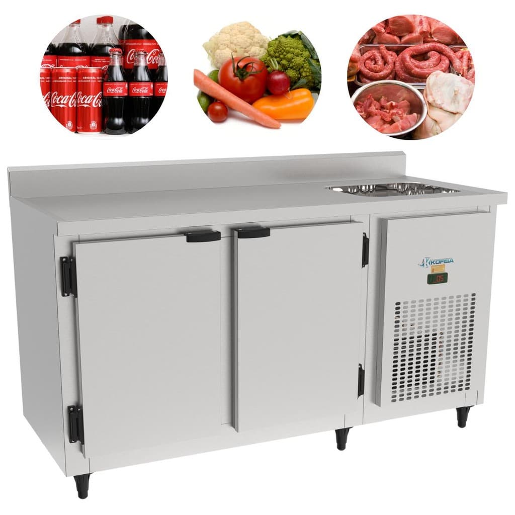 Balcão de serviço com pia refrigerador em aço inoxidável, 1,50m, duas portas
