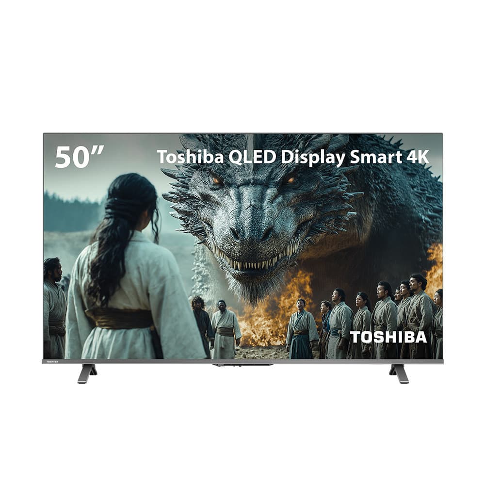 Smart TV QLED 50 polegadas Toshiba 4K com cena de dragão