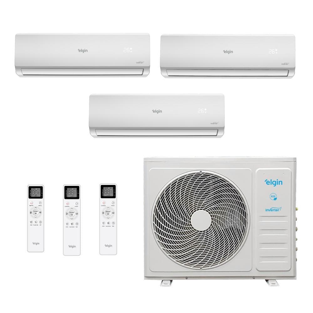 Ar condicionado tri split Elgin branco com três unidades internas e uma unidade externa