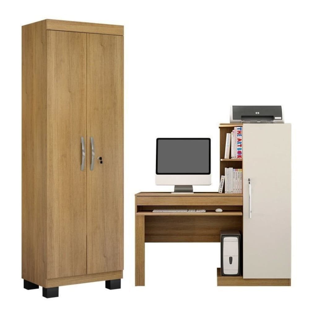 Conjunto de mesa para computador com armário e armário multiuso em cinamamo e off white