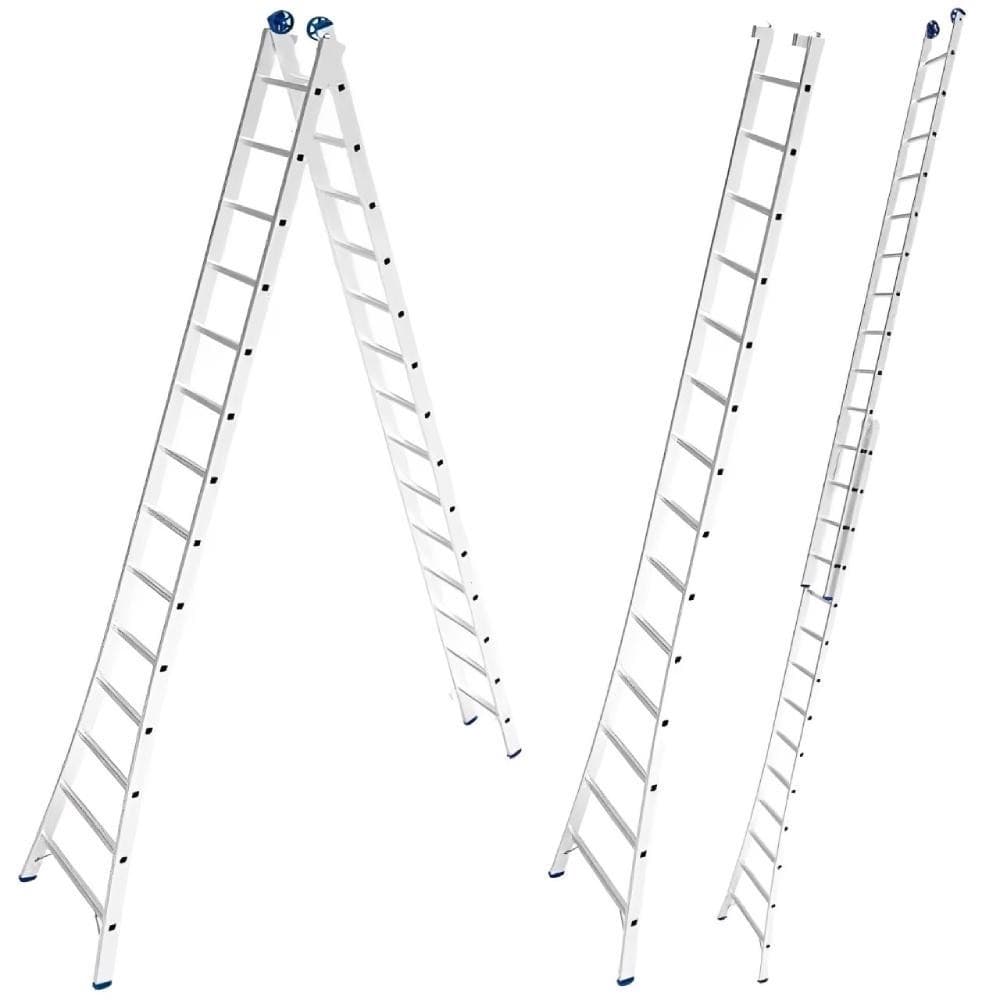 Três escadas de alumínio extensivas com 14 degraus cada, em diferentes configurações sobre fundo branco.