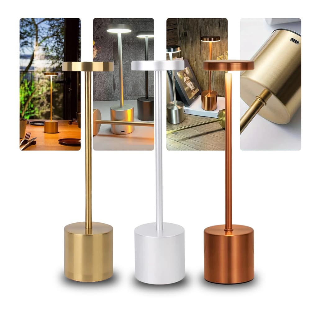 Mini luminária de mesa LED regulável em três cores: bronze, branco e cobre