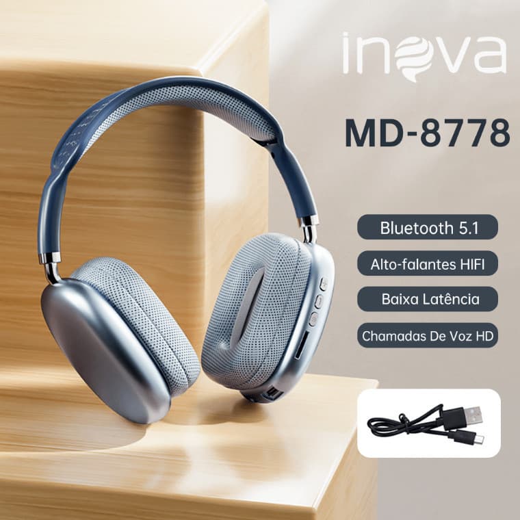 Fones de ouvido sem fio MD-8778 da inva, com Bluetooth 5.1, alto-falantes HIFI, baixa latência e chamadas HD.