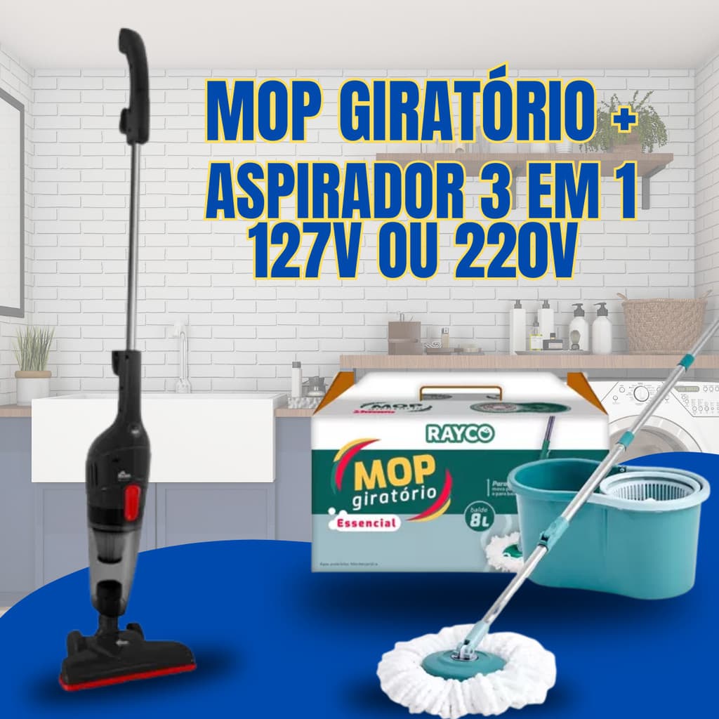 Mop giratório com balde 8 litros e aspirador de pó 3 em 1 turbo 360°