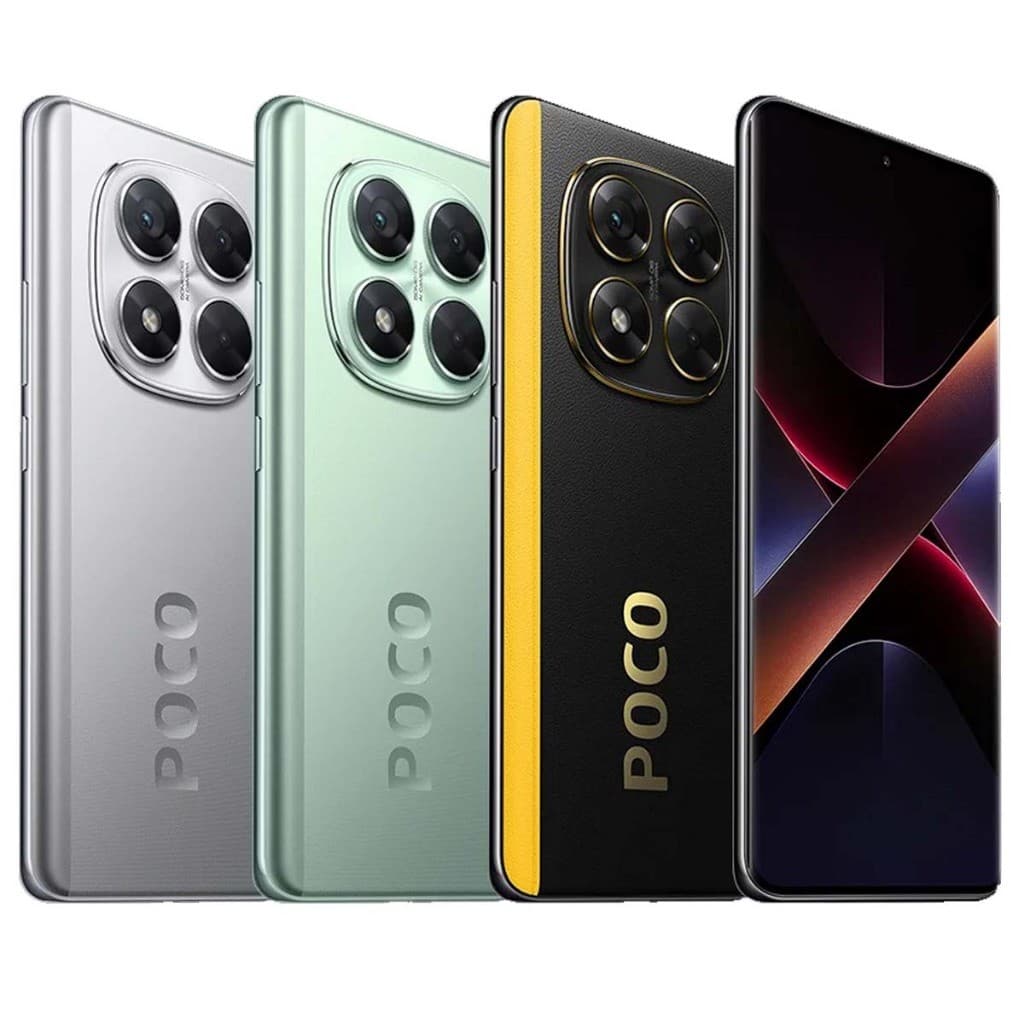Smartphone Poco X7 5G em quatro cores: prata, verde, preto e amarelo, mostrando a câmera traseira quadrada com quatro lentes