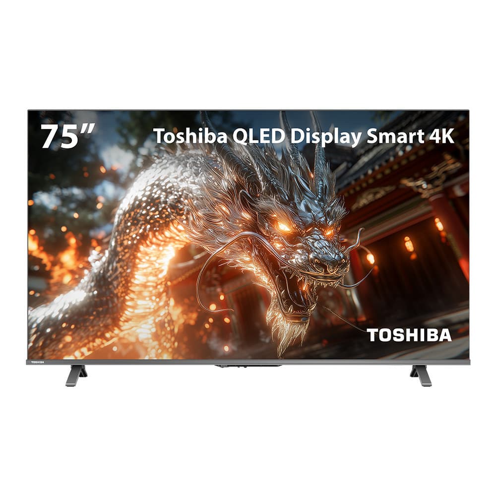 Smart TV QLED 75 polegadas Toshiba 4K com display de dragão em chamas