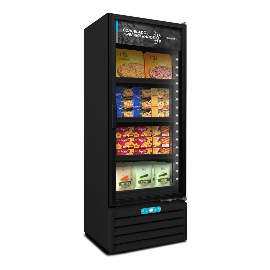 Freezer vertical preto com porta de vidro, 512/531 litros, dupla ação, 127V, Metalfrio