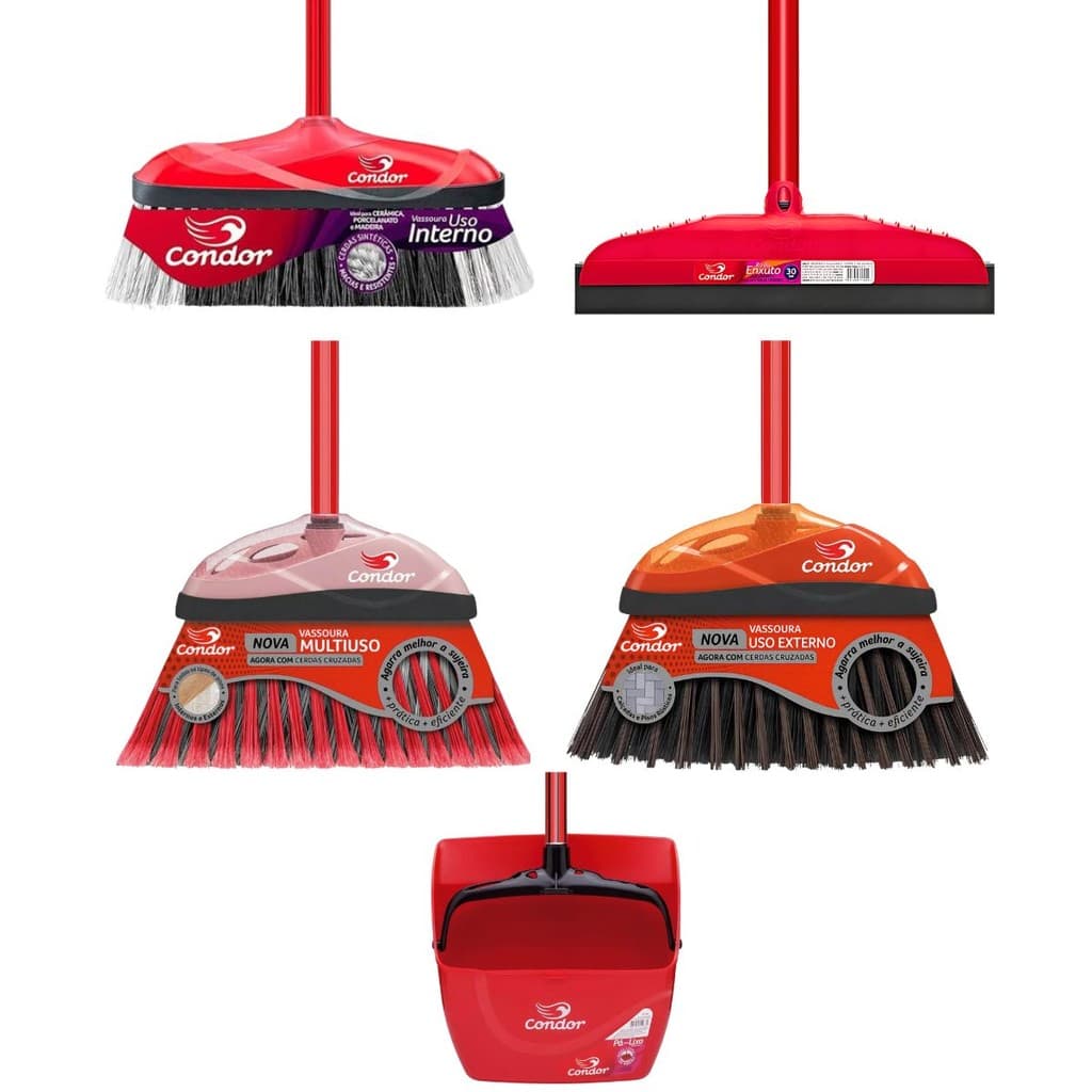Kit de limpeza Condor com vassouras e pá caçamba vermelhas
