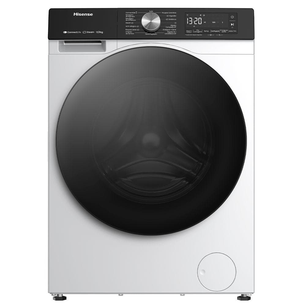 Lava e Seca 13Kg Hisense Branca com tela de controle mostrando 13:20
