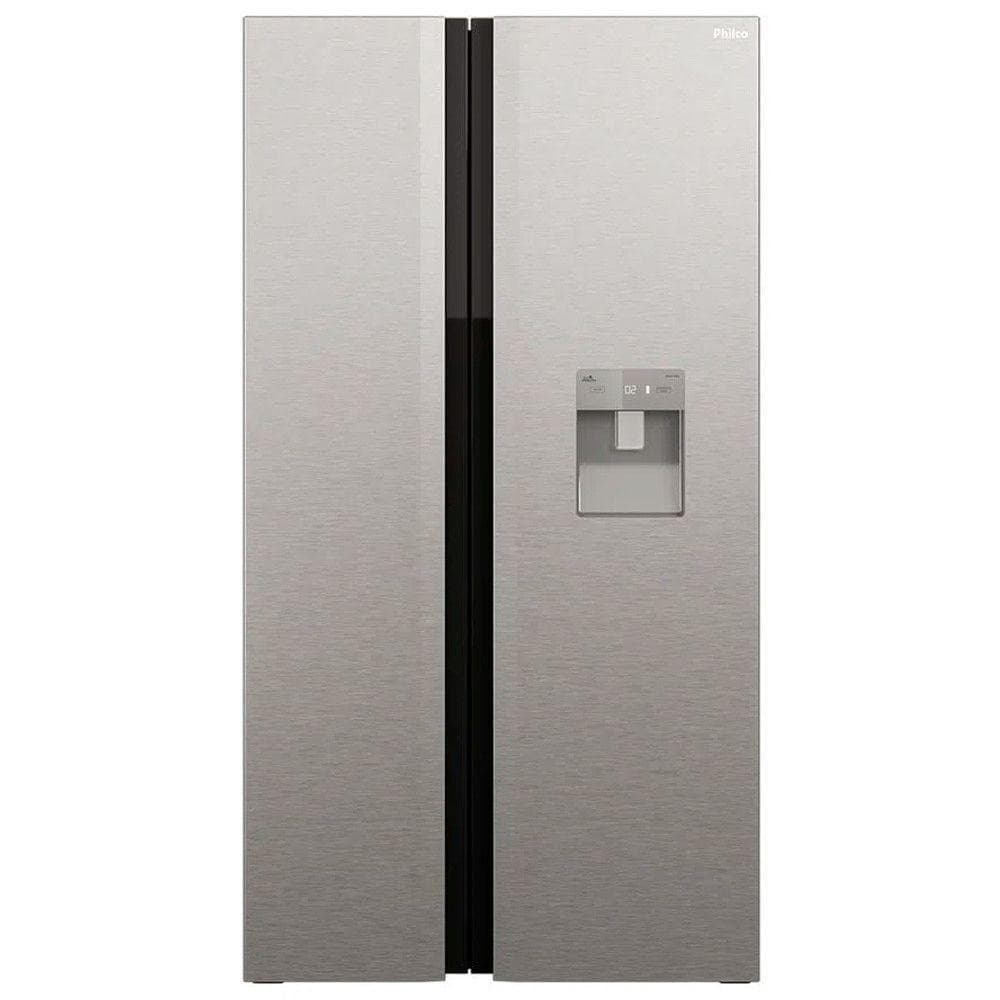 Refrigerador side by side Philco 486L inox, portas de vidro, dispensador de água e gelo, fundo branco