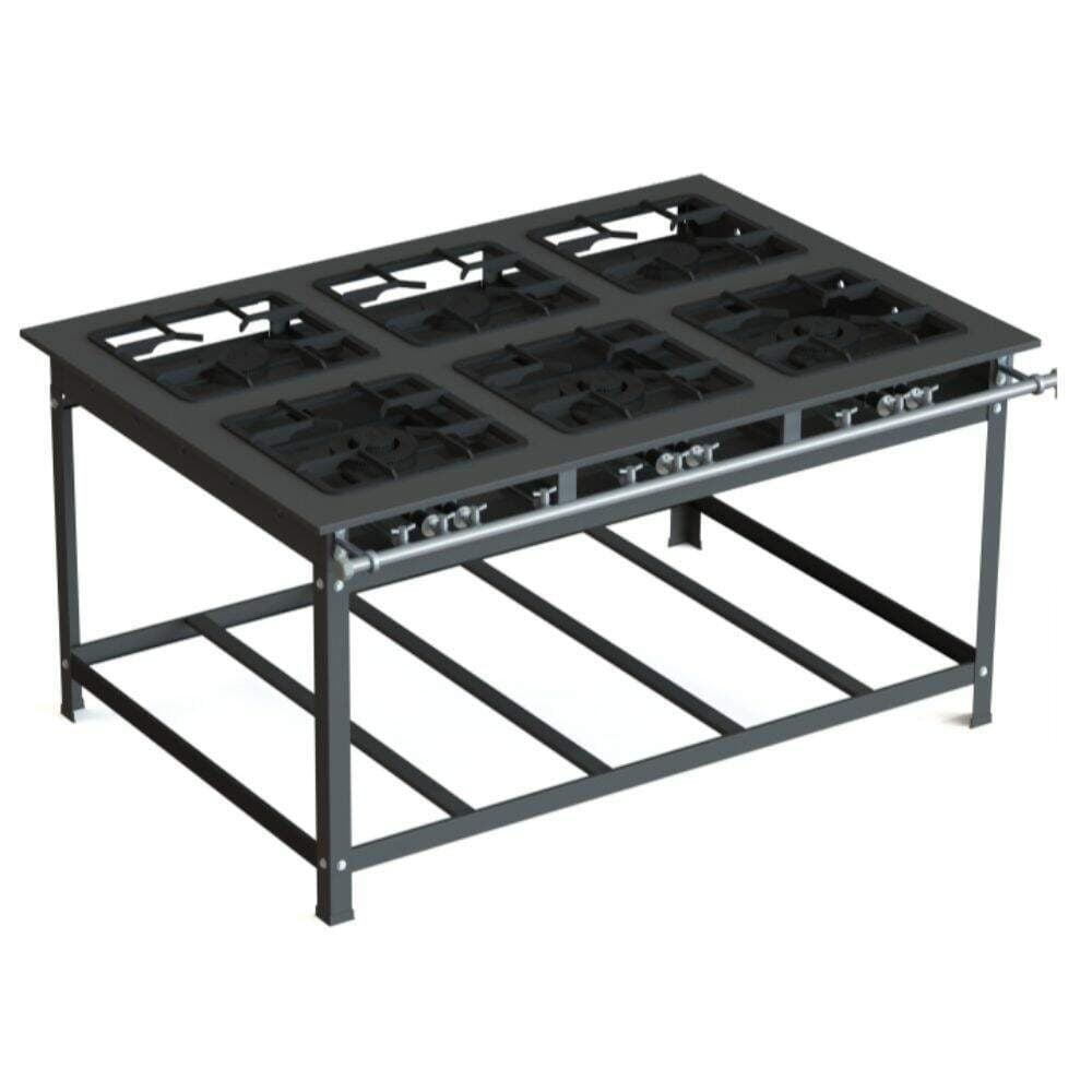 Fogão industrial 6 bocas preto em suporte metálico branco