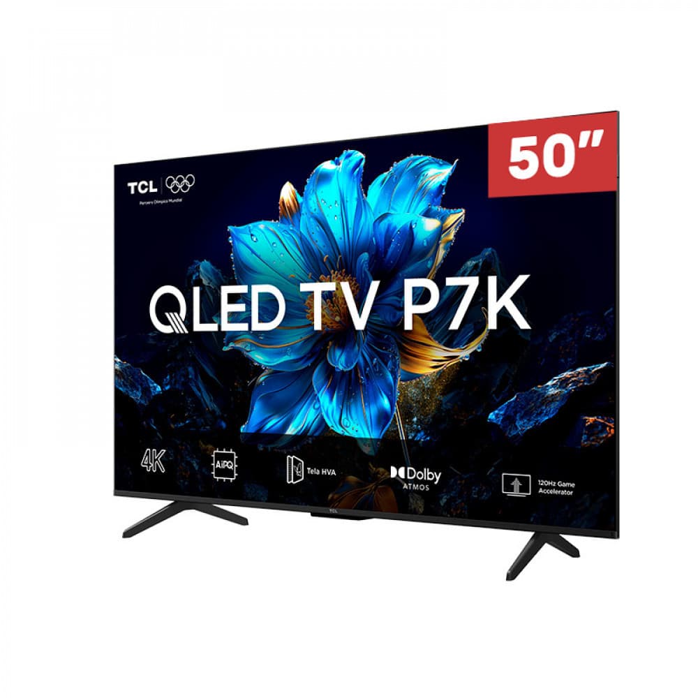 TV TCL 50 polegadas QLED 4K UHD com flor azul na tela