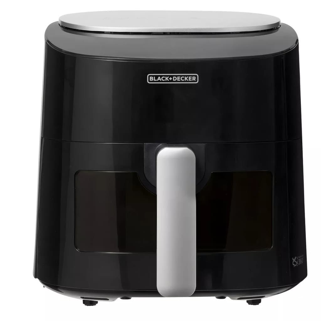 Fritadeira de ar Black+Decker 360° Visor Digital 220v, preta e prata, em fundo branco